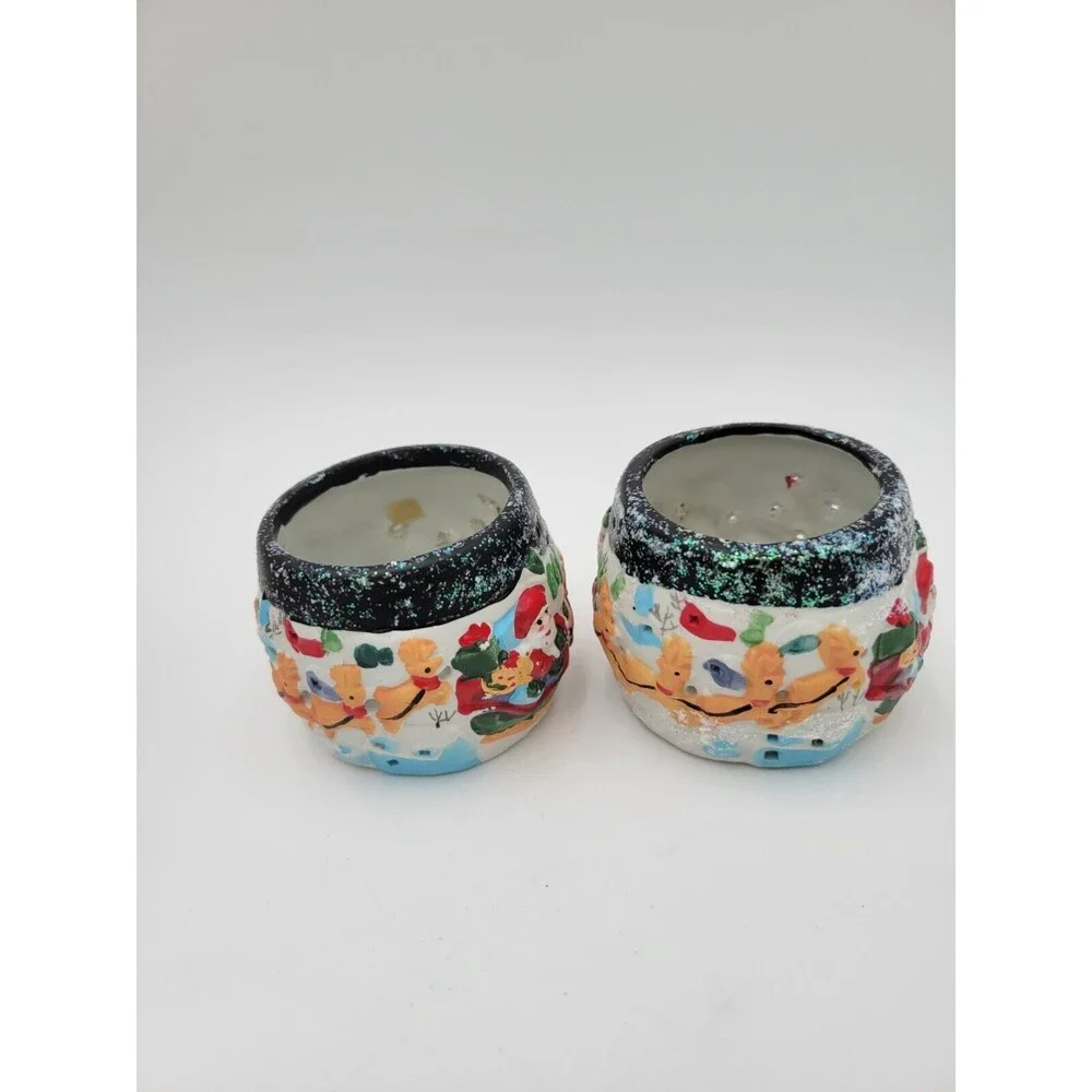2 Vtg Giftco Ceramic Tea Light Candle Holders Santa Sleigh Reindeer Glitter 3.5
